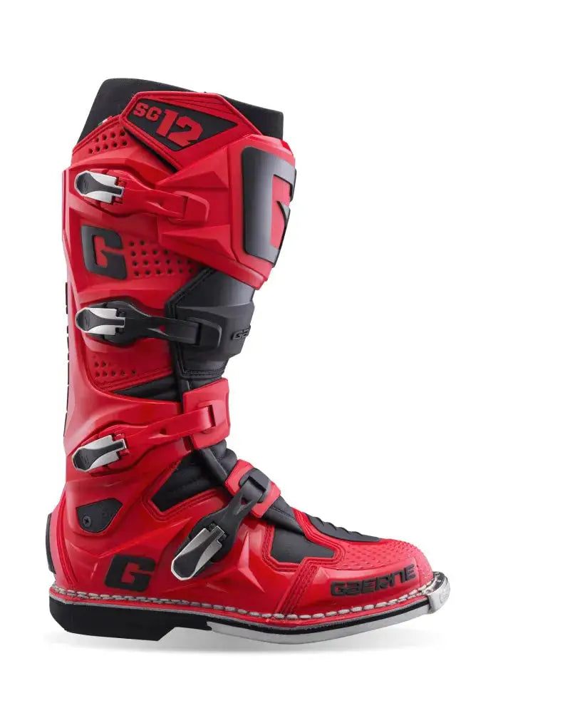 Red and black Gaerne SG12 boot with multiple buckles for motocross riding