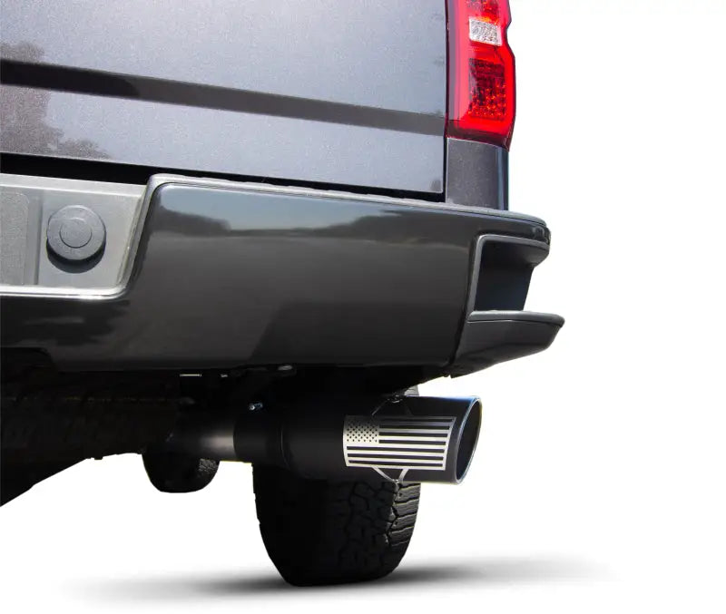 Chrome exhaust tip on black Toyota Tundra Patriot Series single exhaust