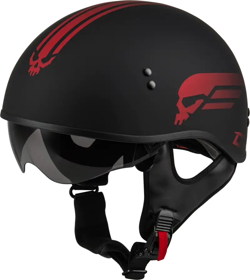 Black matte Hh-65 Retribution helmet with red skull designs for ultimate style