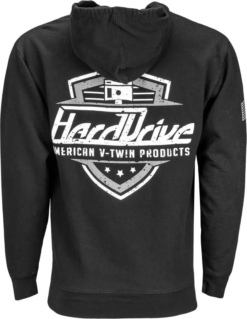 Black hooded sweatshirt with white and grey graphic design on back, harddrive shield hoodie style