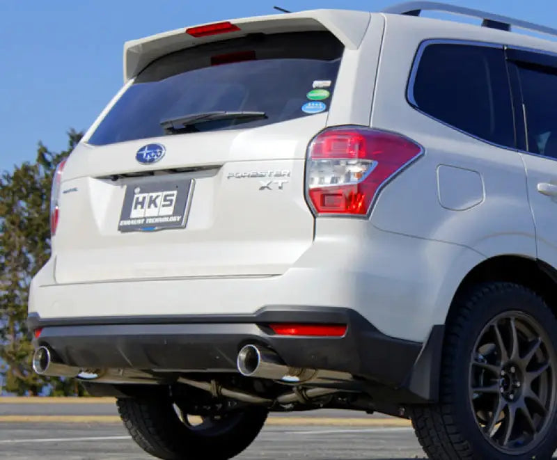 White Subaru Forester SJG FA20T SUV with HKS Legamax Premium exhaust