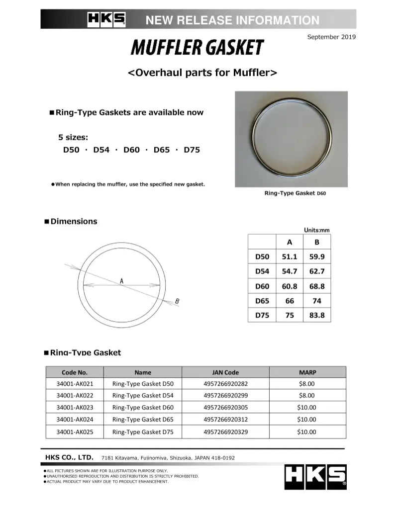 HKS Muffler Gasket 75mm ID 83.8mm OD - Truck & Automotive