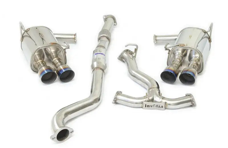 Shiny metal exhaust system on Invidia Subaru WRX Q300 single layer titanium cat-back exhaust