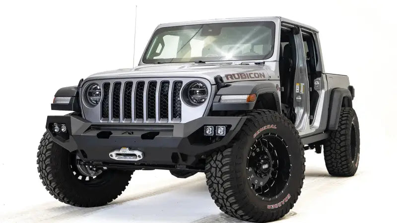 JL18-X4652-1 Fab Fours Jl & Jt Matrix Pre-Runner installed on a rugged Jeep Rubicon, showcasing its durable construction and bold design.