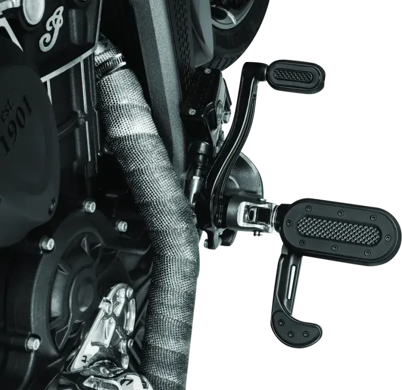 Motorcycle foot controls featuring heavy industry shift and brake pegs in black