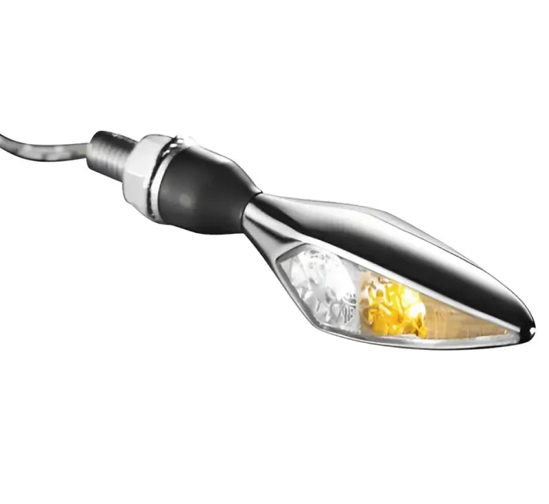 Chrome motorcycle turn signal with white amber and Kuryakyn Rhombus style design