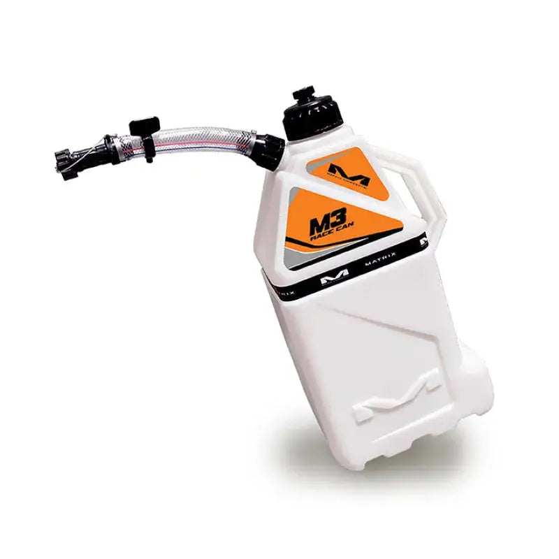 White plastic race fuel can with flexible spout for Matrix Concepts Matrix M3 Utility