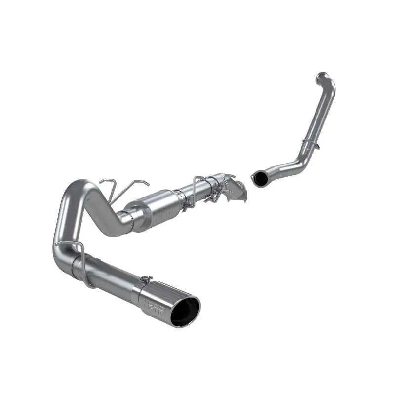 MBRP 2003-2007 Ford F-250/350 6.0L EC/CC Turbo Back Single Side exhaust system, 4-inch T409 stainless steel with 5-inch tip, includes downpipe, mid pipe, muffler, and tailpipe.