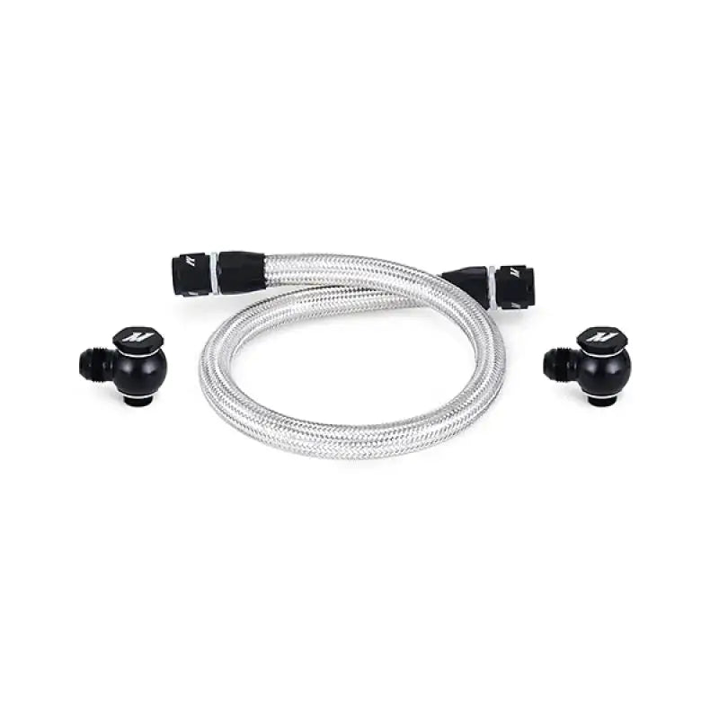 Braided Mazda RX8 oil line with black fittings and spherical valves for primary replacement