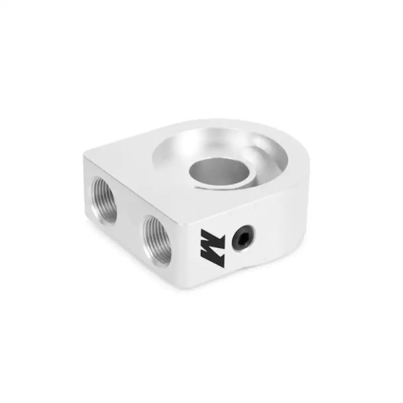 Silver aluminum oil filter adapter for WRX STi oil cooler kit installation