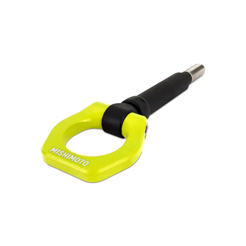 Yellow Mishimoto tow hook for Subaru BRZ and Subaru WRX front mount racing piece