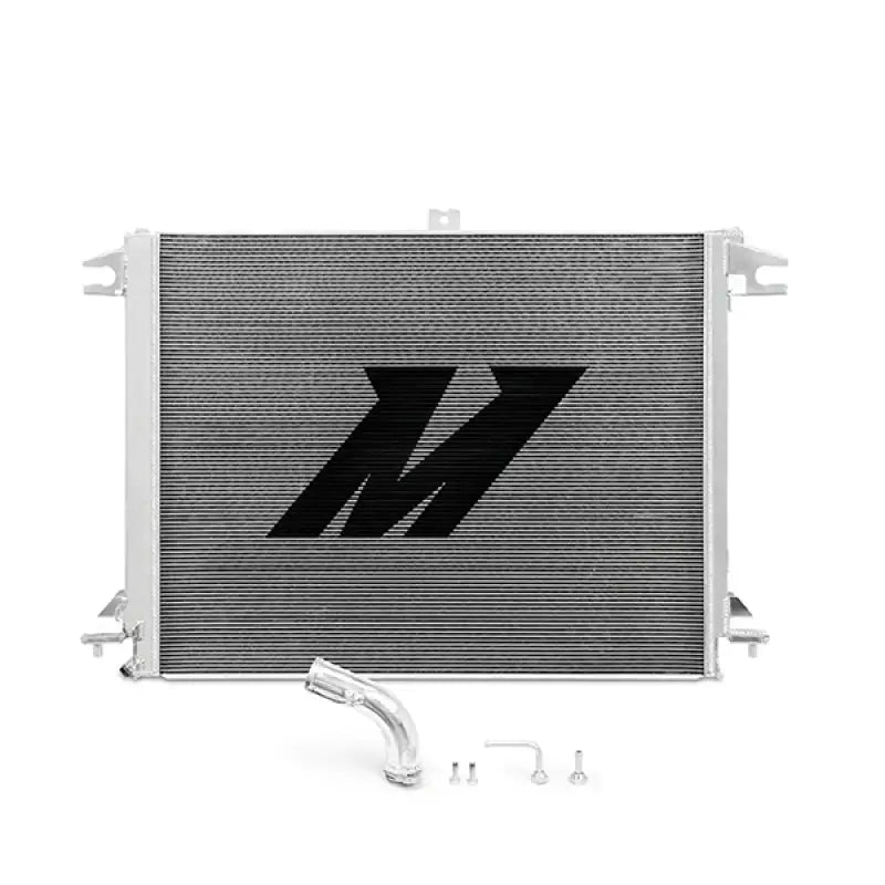 Silver aluminum radiator with accessories for Nissan Titan cooling efficiency upgrade
