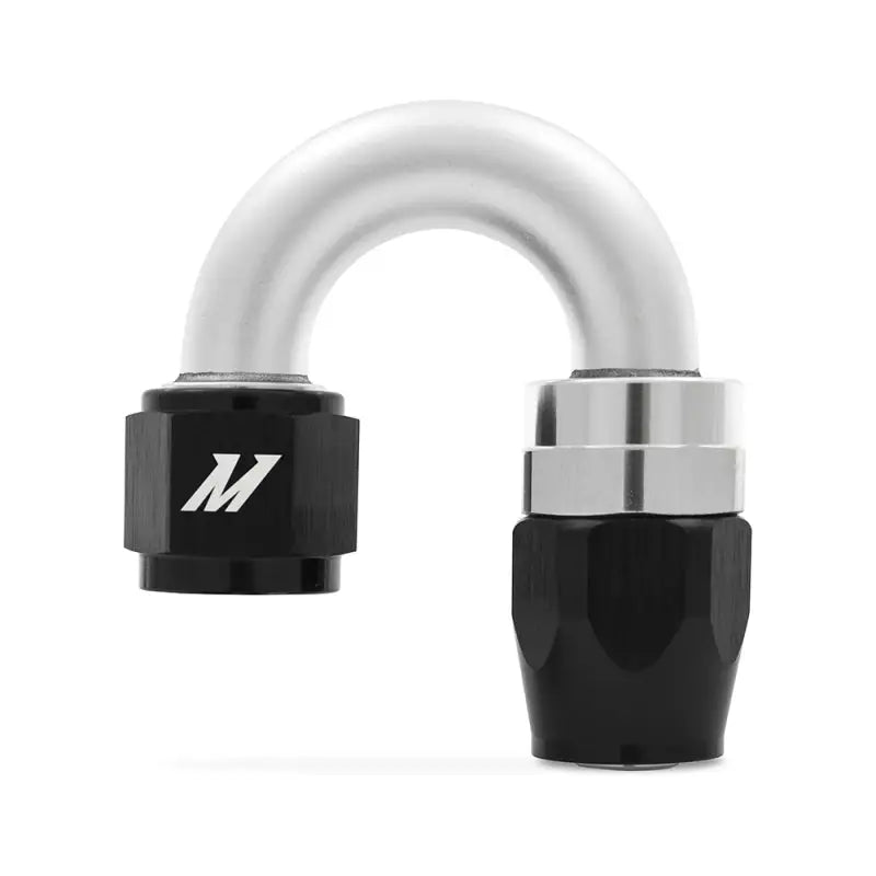 Silver and black mishimoto aluminum -6an 180 degree fitting for seamless hose connection