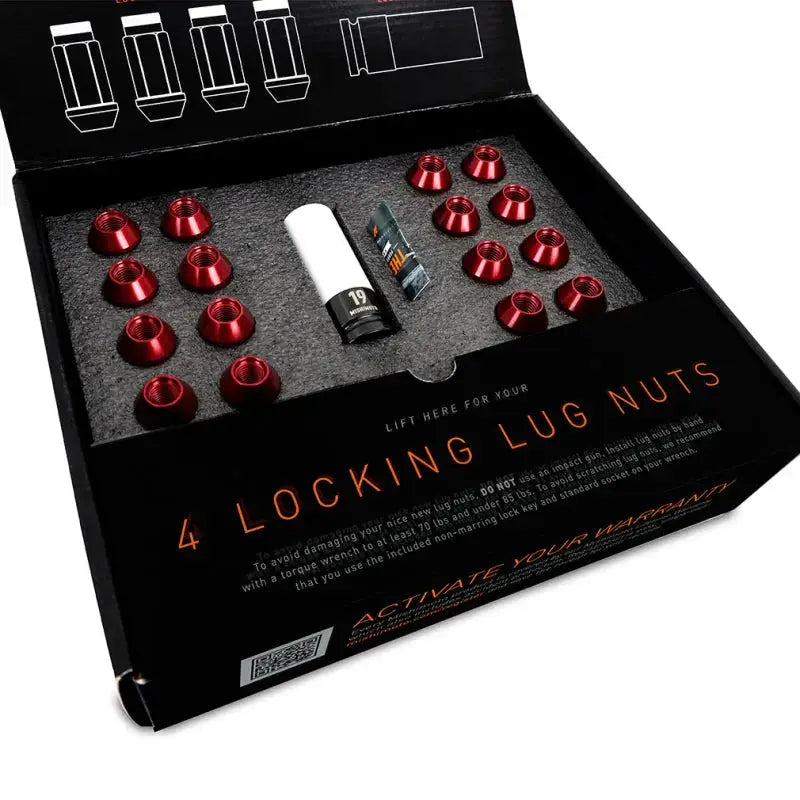 Mishimoto Aluminum Locking Lug Nuts M12x1.25 20pc Set Neo Chrome in black packaging, showcasing vibrant Neo Chrome finish and additional security features.