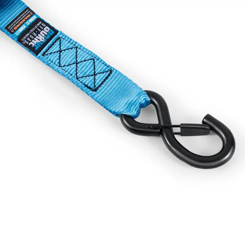 Blue Mishimoto Heavy-Duty Ratchet Tie-Down Kit with black S-hook for secure vehicle transport