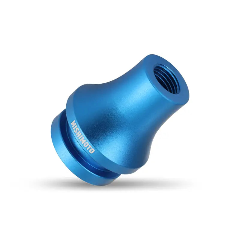 Blue anodized Mishimoto shift boot retainer adapter M12x1.25 for secure shift boot fitting