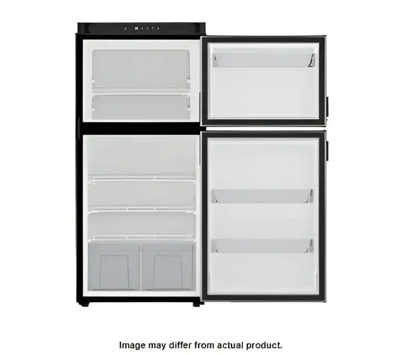 N8DCBKR Norcold 8Cu Ft 12V DC Compact Refrigerator, Right-Hand Swing, Black Exterior, Efficient Storage Solution for RVs and Marine Vessels.