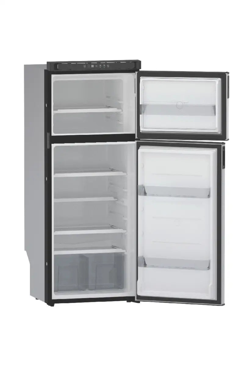 N10DCBKR Norcold 10Cu Ft 12V DC Dual Compartment RV Refrigerator Right Hand Hinge, sleek black design for efficient cooling.