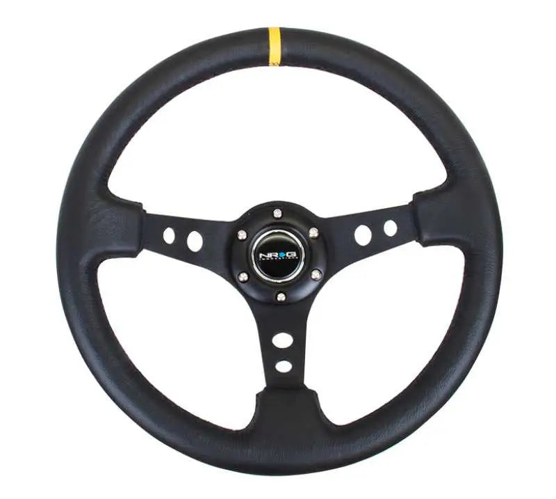 NRG NRG Reinforced Steering Wheel (350mm / 3in. Deep) Blk Leather w/Blk Cutout Spoke/Yellow Center Mark