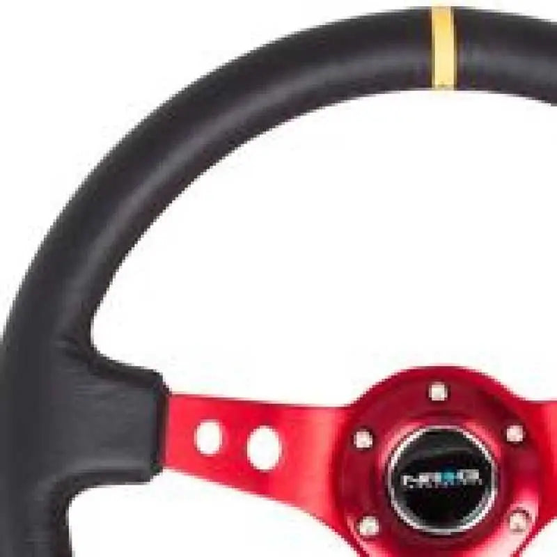NRG NRG Reinforced Steering Wheel (350mm / 3in. Deep) Blk Leather w/Red Spokes & Sgl Yellow Center Mark