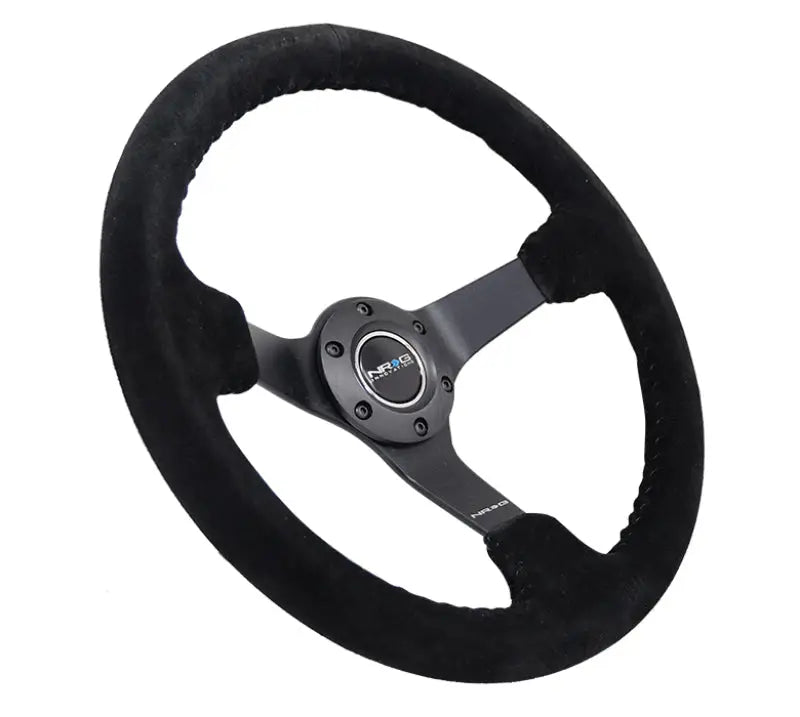 NRG Reinforced Steering Wheel (350mm / 3in. Deep) Blk Suede/Blk Bball Stitch w/5mm Matte Black Spoke - Truck &