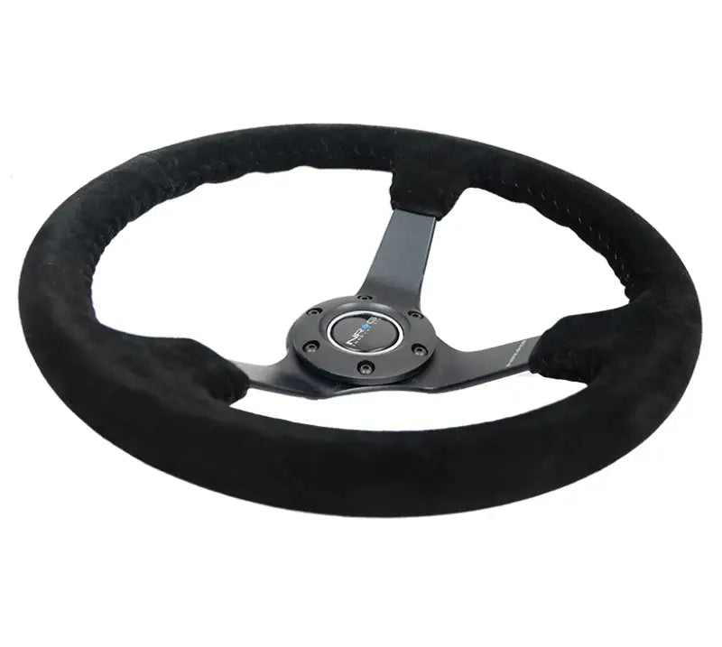 NRG Reinforced Steering Wheel (350mm / 3in. Deep) Blk Suede/Blk Bball Stitch w/5mm Matte Black Spoke - Truck &