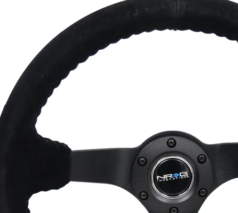NRG Reinforced Steering Wheel (350mm / 3in. Deep) Blk Suede/Blk Bball Stitch w/5mm Matte Black Spoke - Truck &
