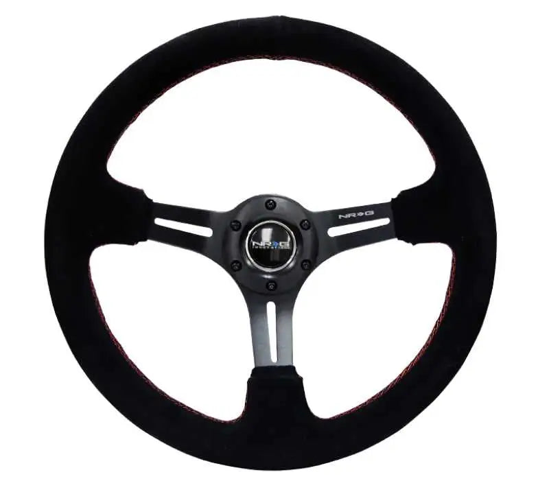 NRG NRG Reinforced Steering Wheel (350mm / 3in. Deep) Blk Suede w/Red Stitching & 5mm Spokes w/Slits
