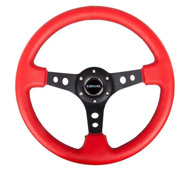 NRG Reinforced Steering Wheel (350mm / 3in. Deep) Red Leather/Blk Stitch w/Blk Spokes (Hole Cutouts) - Truck &