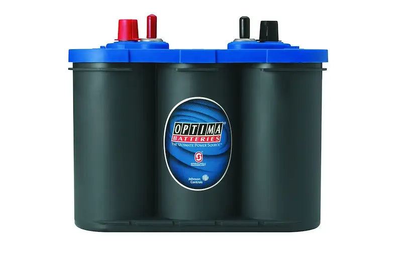 Dark gray Optima Bat 34M Blue starting power battery with blue top and red black terminals