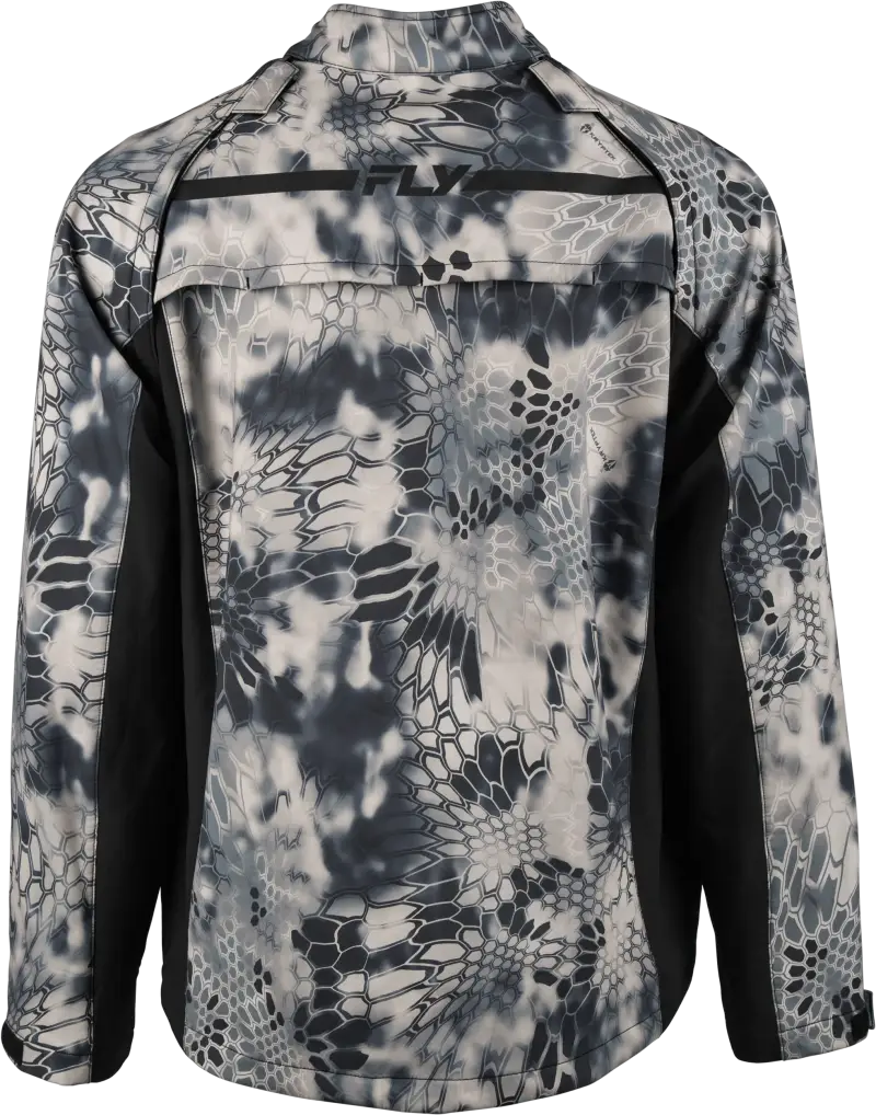 Men’s long-sleeve camouflage hunting shirt with black side panels for outdoor adventures