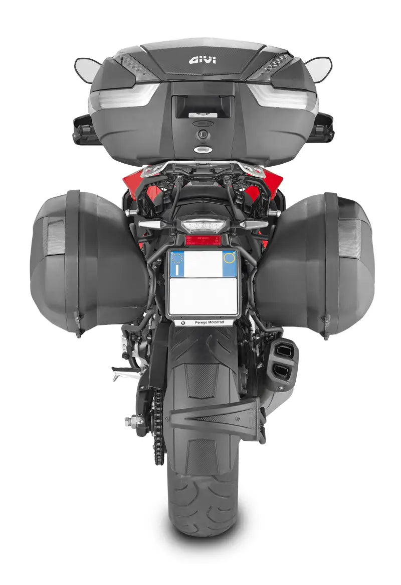 Motorcycle with matte black hard luggage mounting hardware for top case and panniers