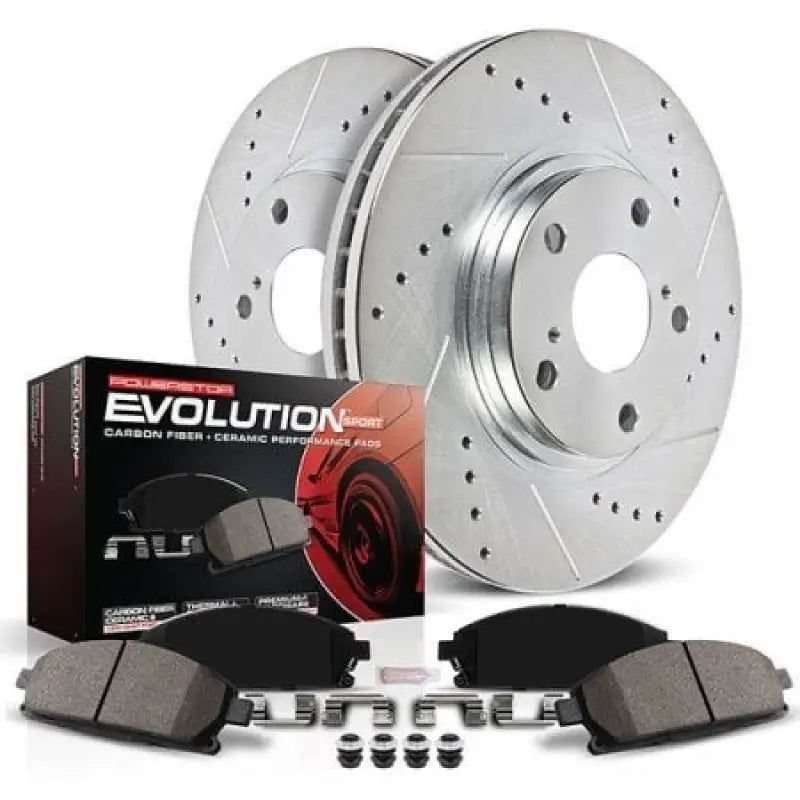 Power Stop Z23 Evolution brake kit for Hyundai Kona with drilled slotted rotors and carbon fiber ceramic pads