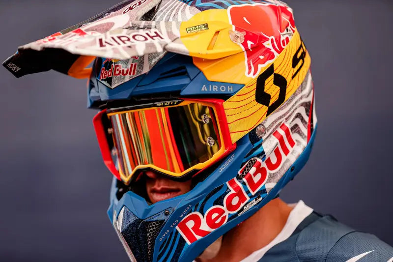 Vibrant motocross helmet with mirrored goggles from Prospect Le 6 Days Goggle ISDE Spain
