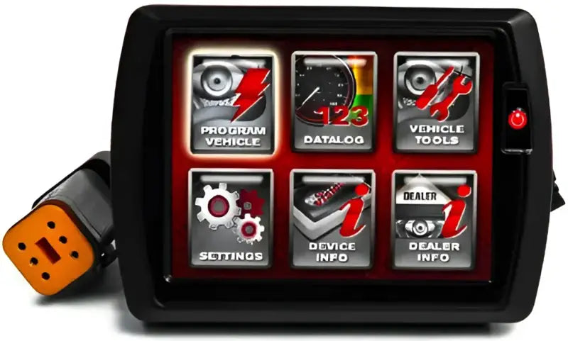 PV-3B Power Vision Black `21 Up Flt St Panam with touch screen display showing options for Program Vehicle, Datalog, Vehicle Tools, Settings, Device Info, and Dealer Info.