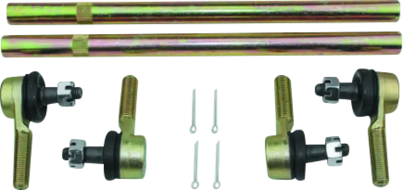 Gold Kawasaki KFX450R tie rod assembly with rubber boots and silver bolts