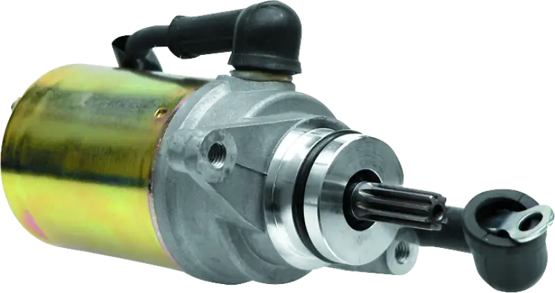 Gold and silver Yamaha YFA-1 Breeze electric starter motor with splined shaft and connections