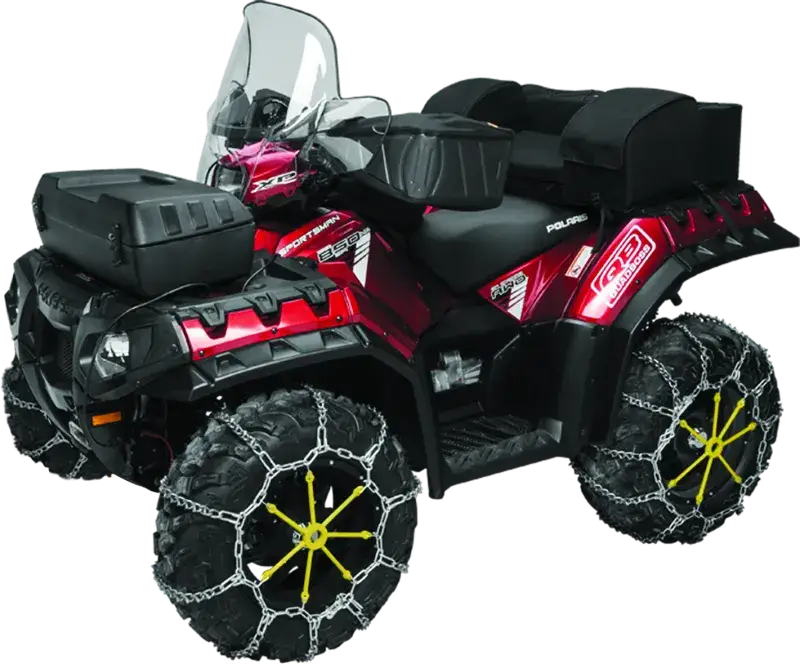 Red all-terrain vehicle with snow chains using QuadBoss Tire Chain Adjuster