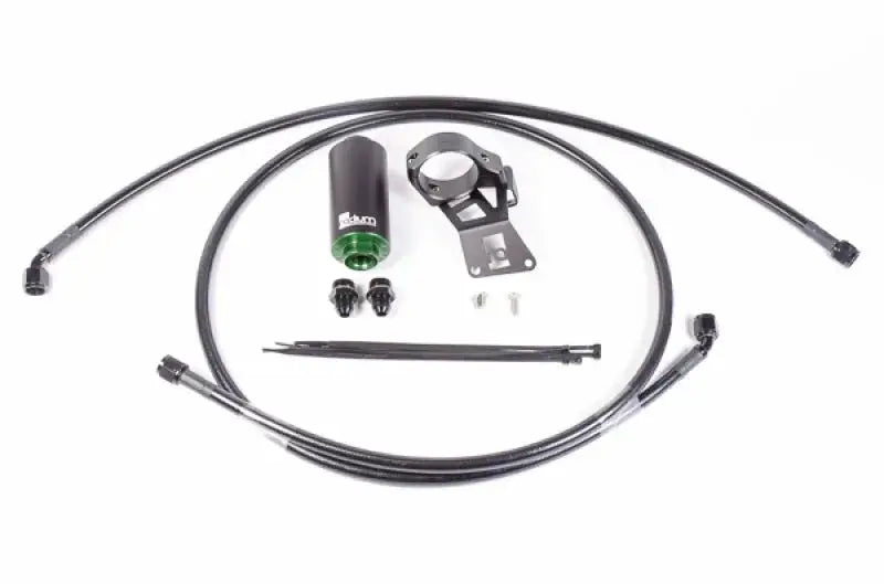 Radium Engineering Mitsubishi EVO X Fuel Hanger Feed Kit - Stainless Filter components laid out, including fuel lines, stainless filter, mounting bracket, and hardware.