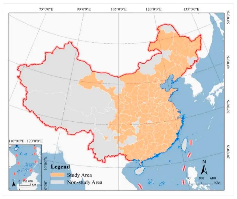Map of China showing study and non-study areas for Rale Industries chain guide
