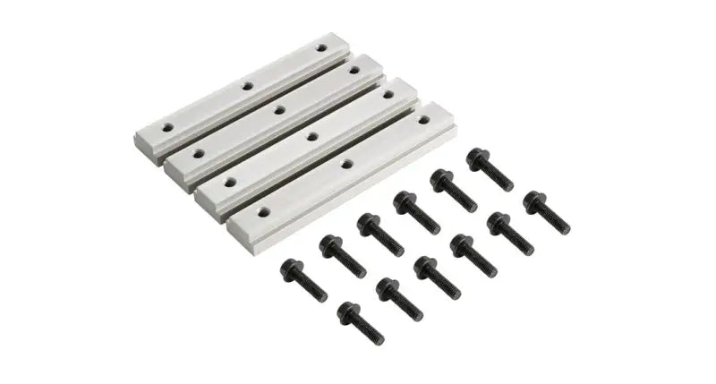 Rhino Rack track mount with 4 silver aluminum rails and black hex screws