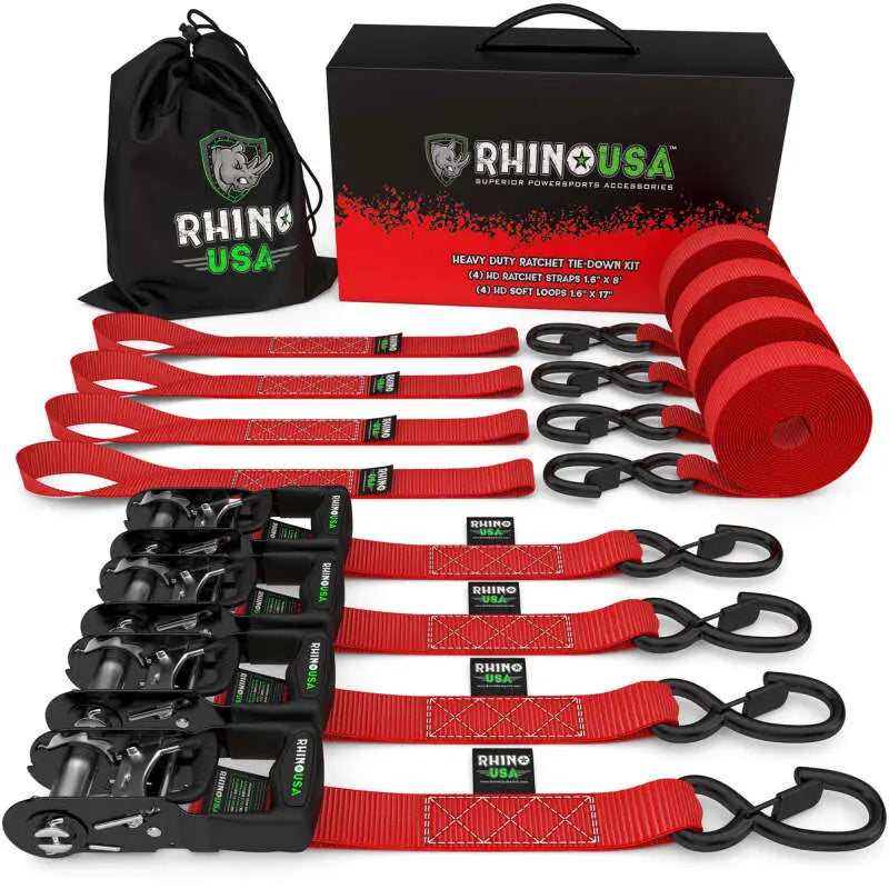 Rhino USA Heavy Duty Ratchet Tie-Down 4-Pack (Red) 1.6In X 8Ft - Rhino USA
