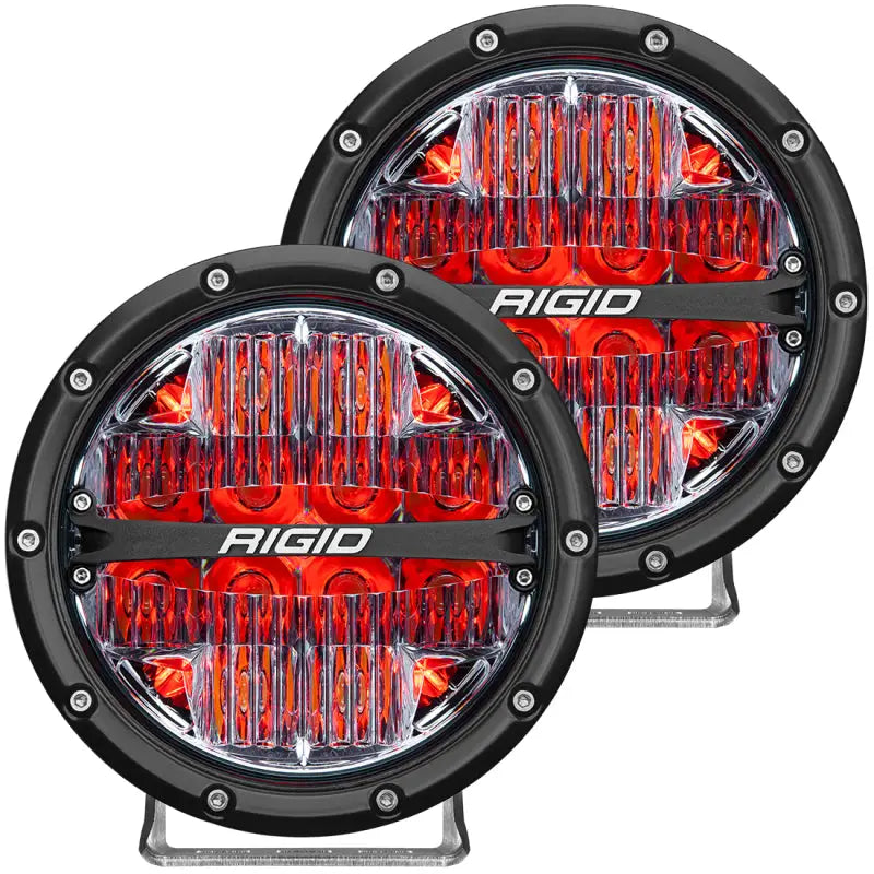 Rigid Industries 360-Series 6in LED Off-Road Drive Beam with Red Backlight (Pair) – robust round lights with prominent branding and aluminum housing.