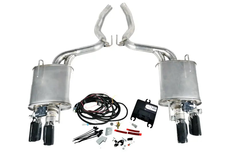 Complete active exhaust upgrade kit for Ford Mustang 2015-2017 with mufflers and wiring