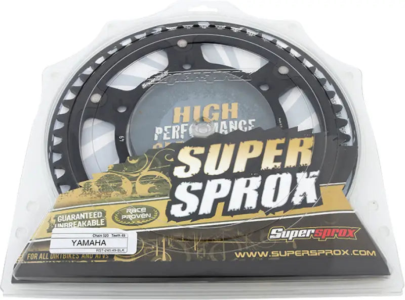 Black motorcycle rear sprocket in packaging for RST-245-49-BLK stealth rear sprocket