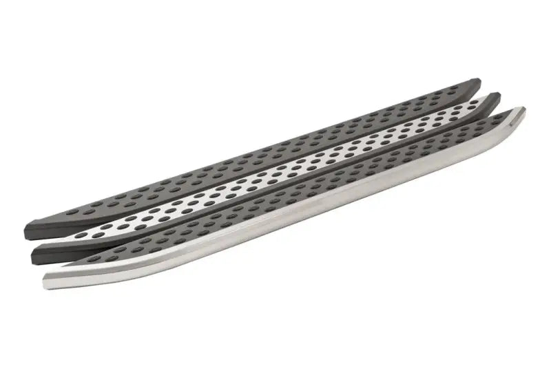Three perforated running boards with black trim, powder coated finish for trucks