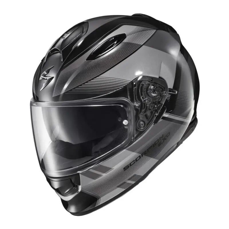 Black and grey Scorpion Exo Ryzer full-face helmet with clear visor and patterned design