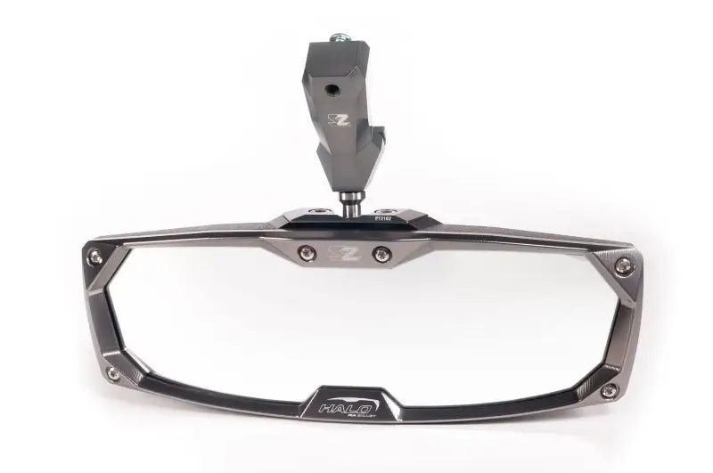 Gray metal framed rearview mirror with cast aluminum bezel for Seizmik Halo RA Can-Am Defender