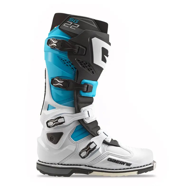 White and blue off-road motorcycle boot with guard dual buckles for RV parts & accessories