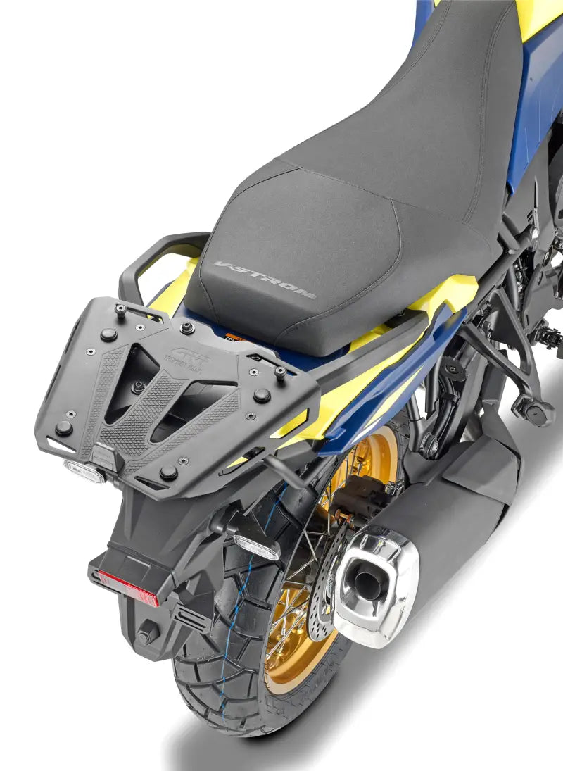 Motorcycle rear luggage rack with mounting hardware for Suz Monolock Monokey in black